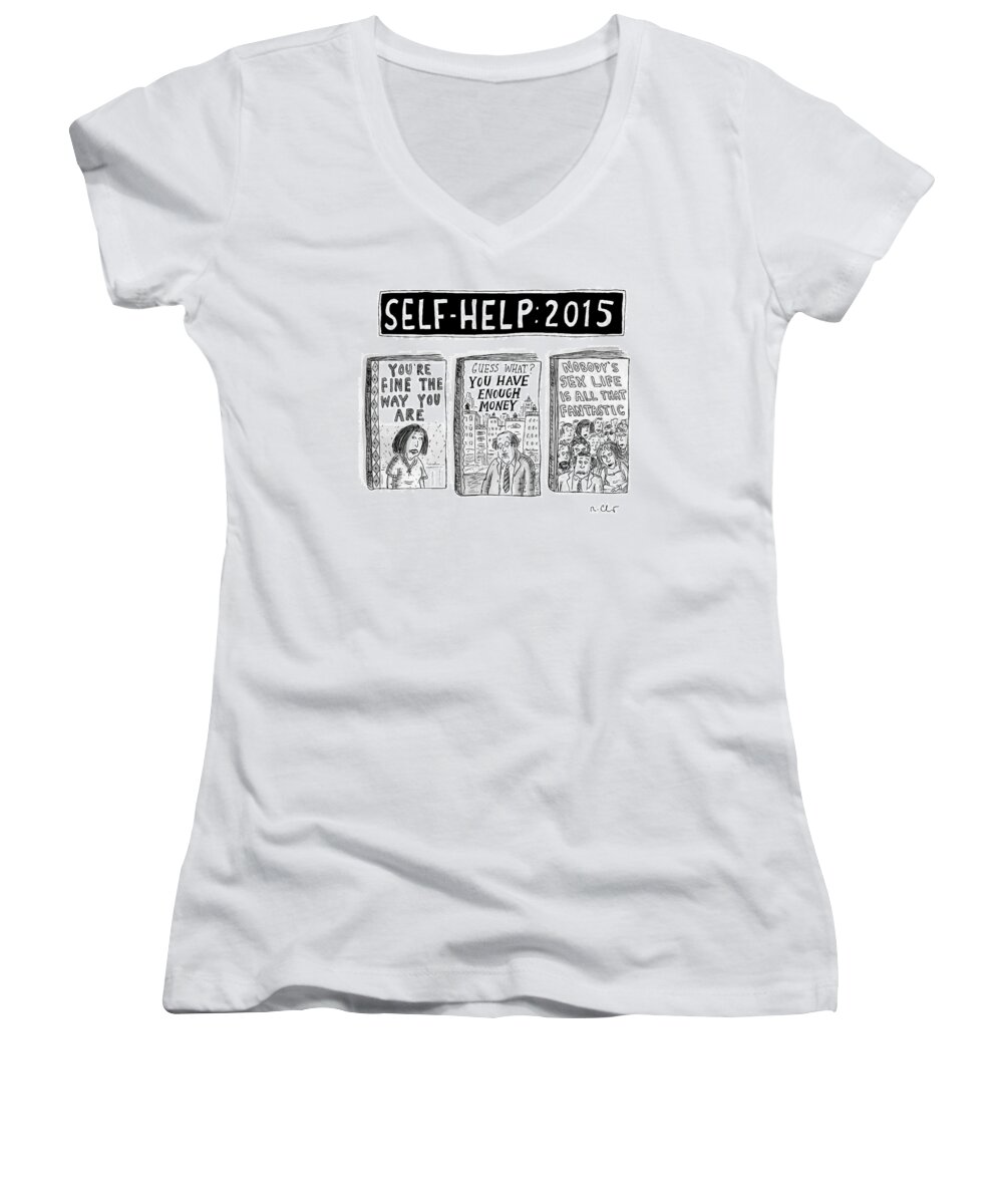 Captionless Self-help Women's V-Neck featuring the drawing Self Help: 2015 -- Three Books With Titles That by Roz Chast