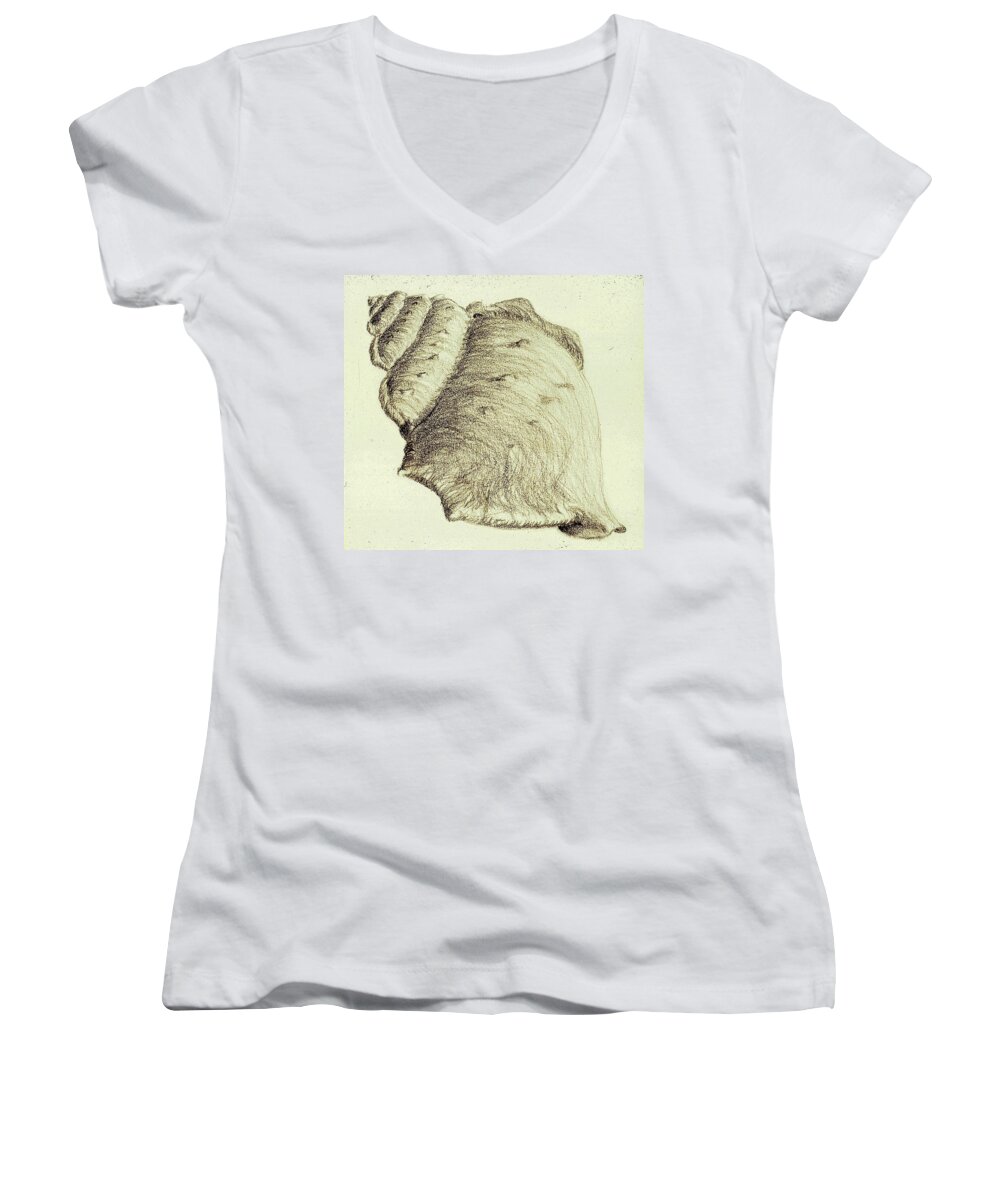 Pencil Women's V-Neck featuring the drawing Shell by Karen Buford