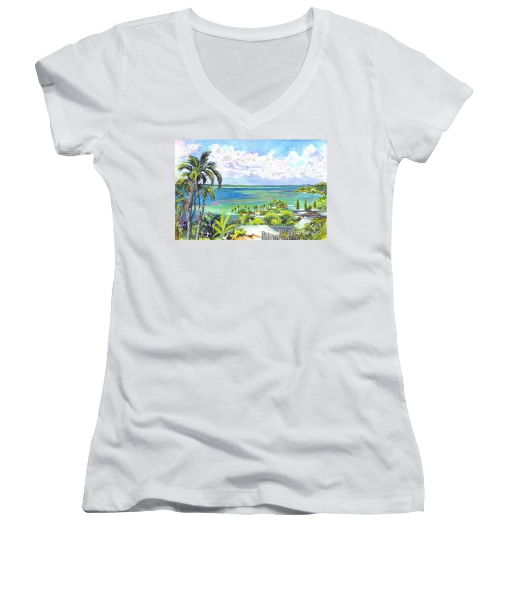 Hawaii Women's V-Neck featuring the painting Shores of Oahu by Carol Wisniewski