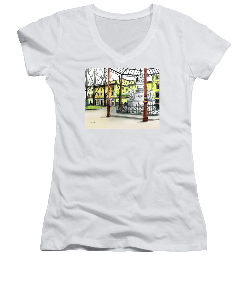 Florence Women's V-Neck featuring the painting Silla Hotel Piazza Demidoff Florence by Albert Puskaric