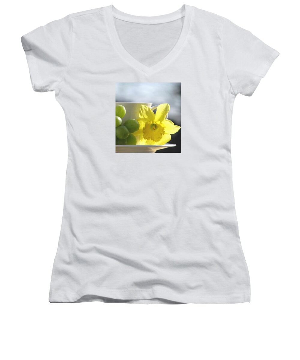 Tea Cups Women's V-Neck featuring the photograph Sipping Spring by Angela Davies