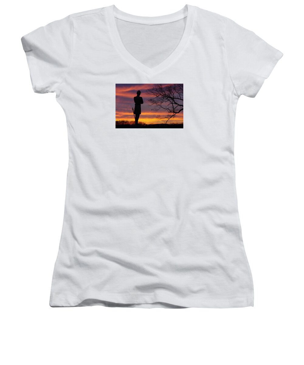 Civil War Women's V-Neck featuring the photograph Sky Fire - 124th NY Infantry Orange Blossoms-1A Sickles Ave Devils Den Sunset Autumn Gettysburg by Michael Mazaika