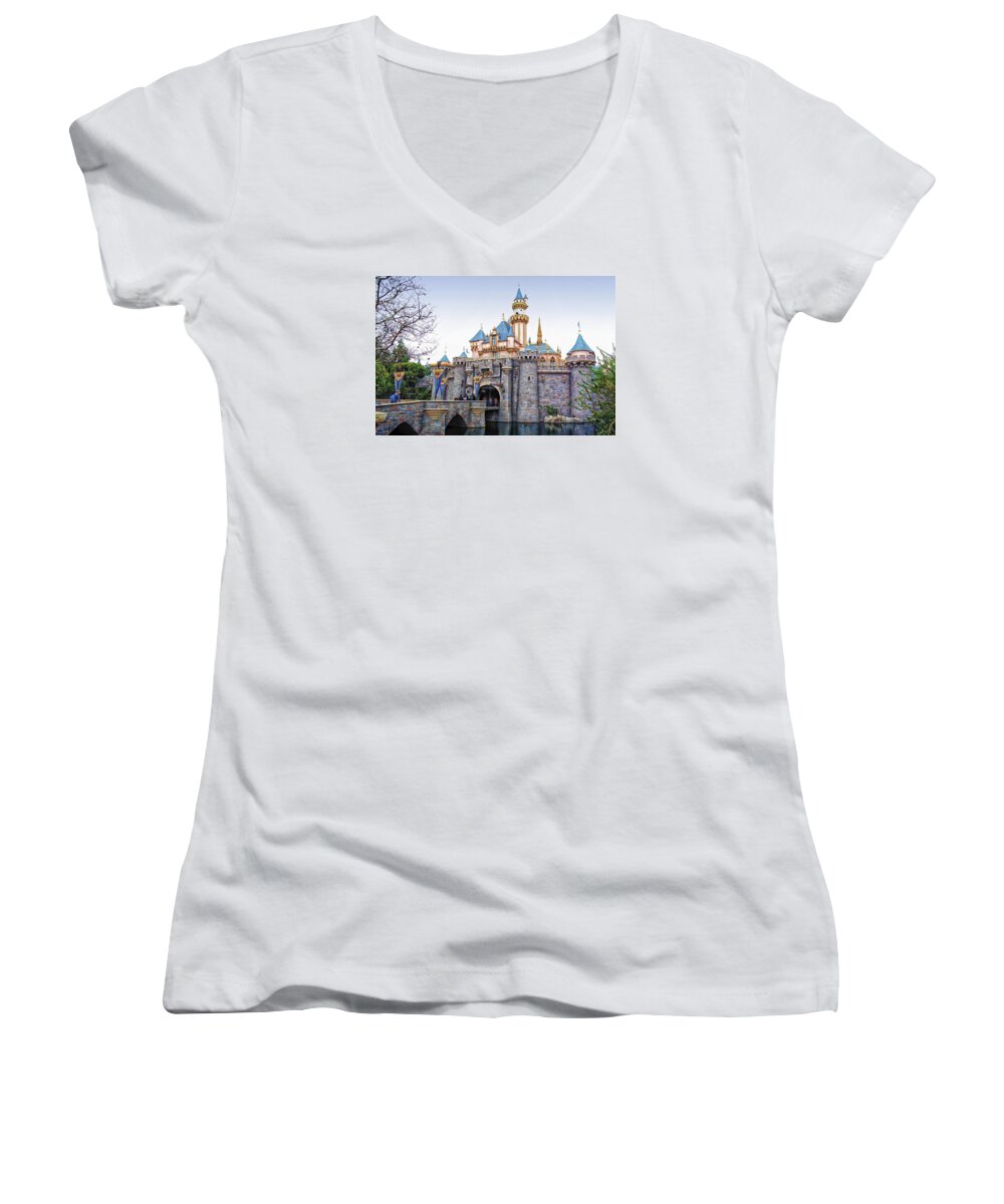 Mickey Mouse Women's V-Neck featuring the photograph Sleeping Beauty Castle Disneyland Side View by Thomas Woolworth