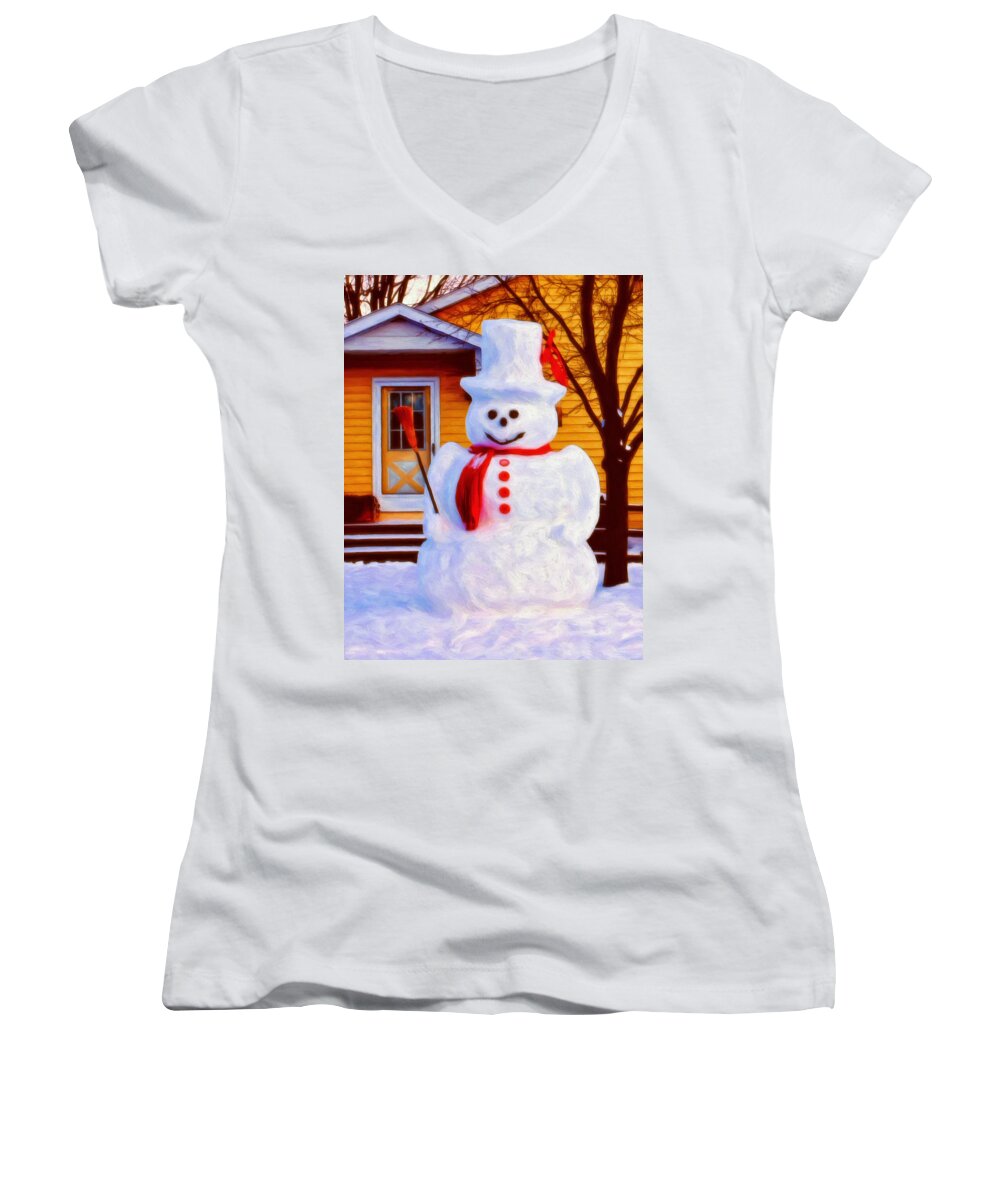 Snowman Women's V-Neck featuring the painting Snowman with the Red Buttons by Michael Pickett