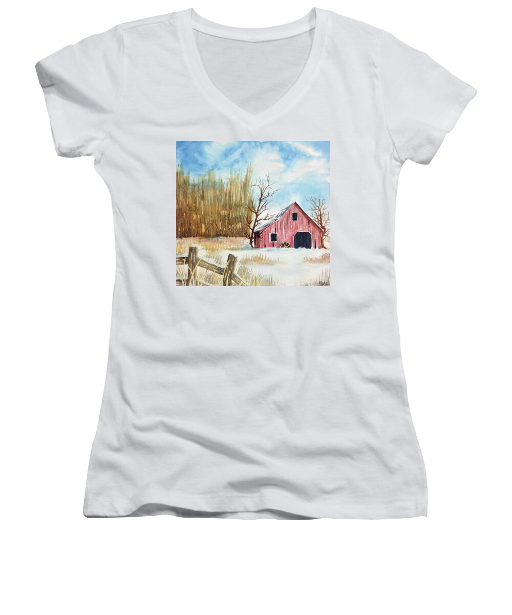 Watercolor Women's V-Neck featuring the painting Snowy Barn by Rebecca Davis