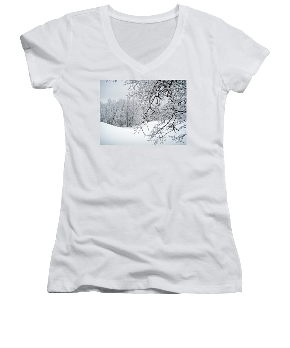 Landscape Women's V-Neck featuring the photograph Snowy Branches by Aimee L Maher ALM GALLERY