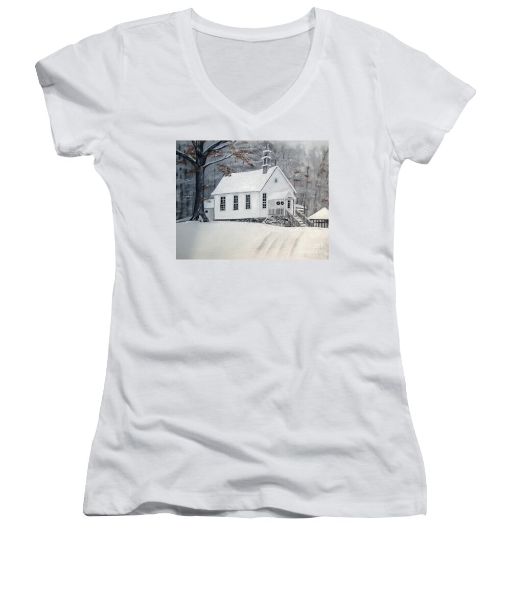 Gates Chapel United Methodist Church In Ellijay Women's V-Neck featuring the painting Snowy Gates Chapel -Little White Church - Ellijay by Jan Dappen