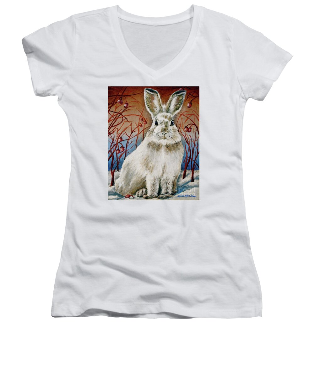  Linda Simon Women's V-Neck featuring the painting Some Bunny is Charming by Linda Simon