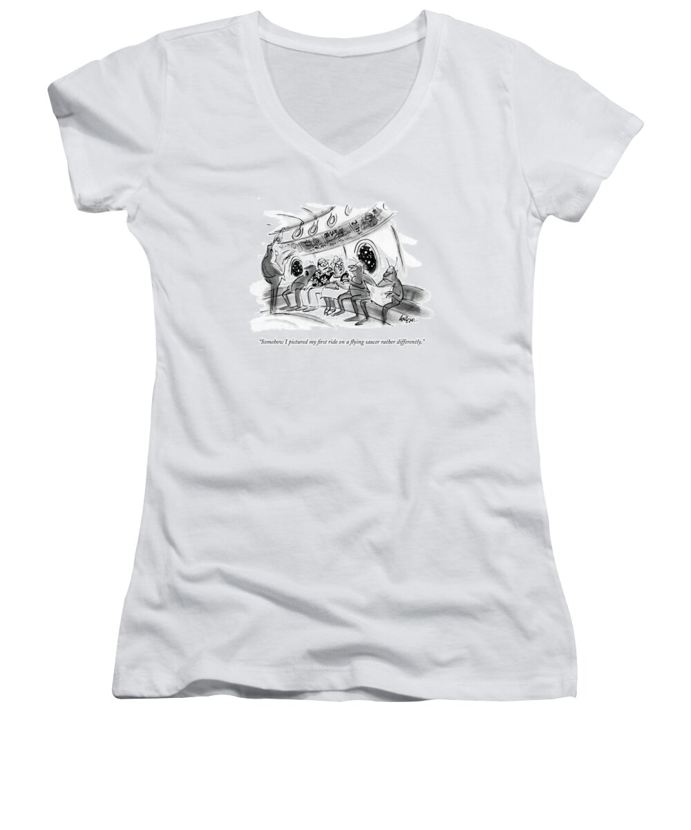70482 
 Woman Riding On A Vehicle That Looks Like The Subway. Lee Lorenz Women's V-Neck featuring the drawing Somehow I Pictured My First Ride On A Flying by Lee Lorenz