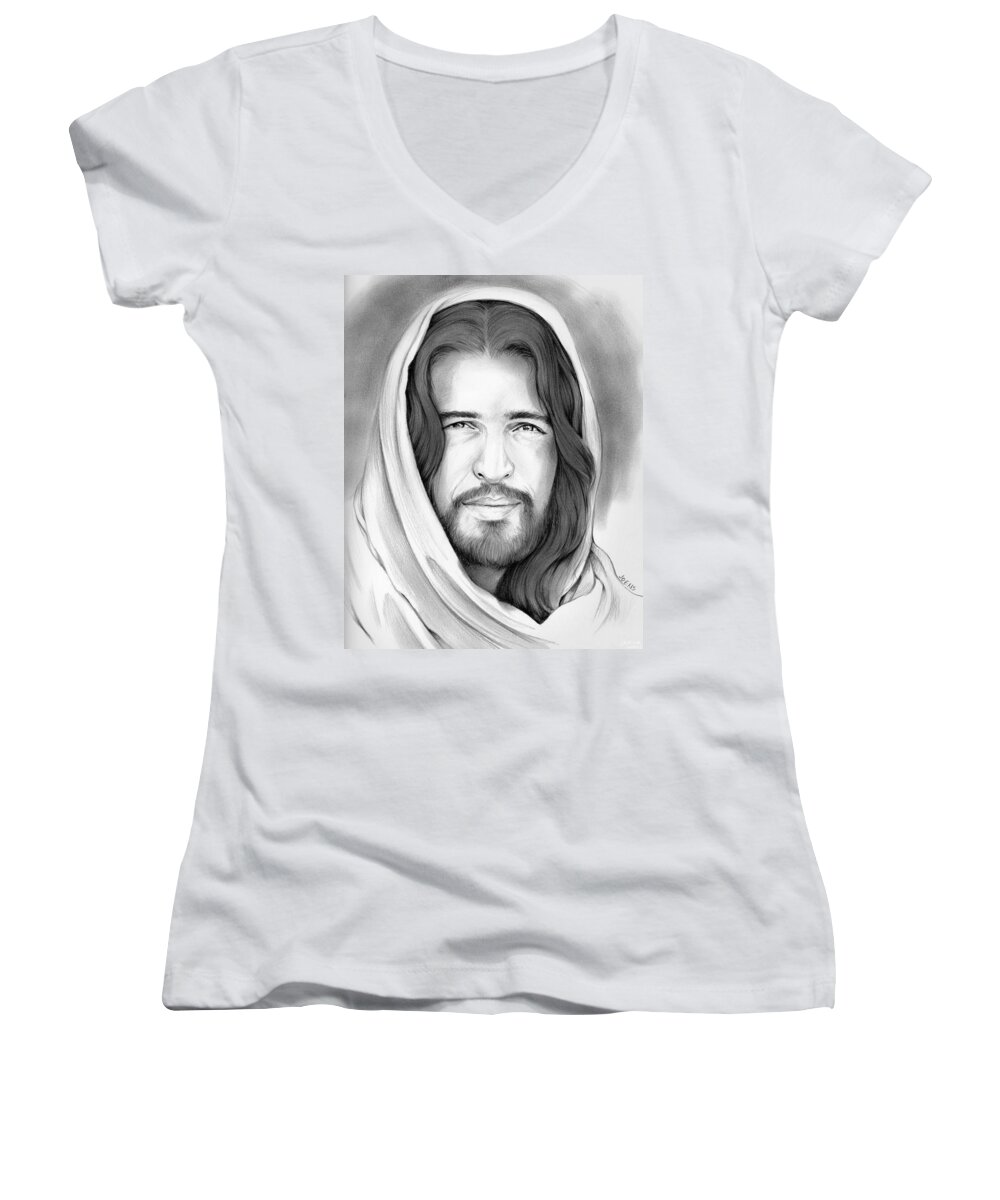 Jesus Women's V-Neck featuring the drawing Son of Man by Greg Joens