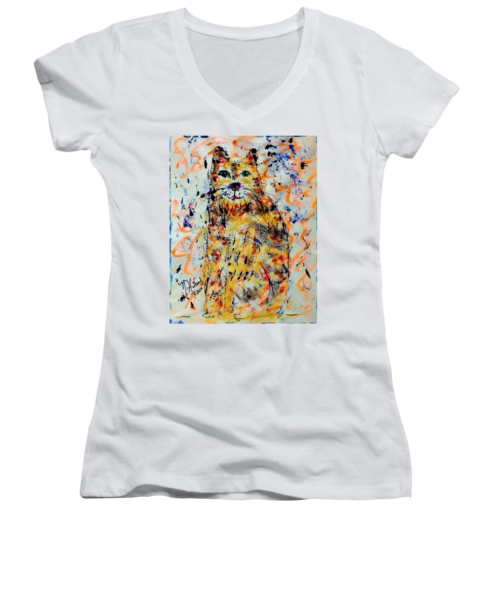 Expressionism Women's V-Neck featuring the painting Sophisticated Cat 3 by Natalie Holland