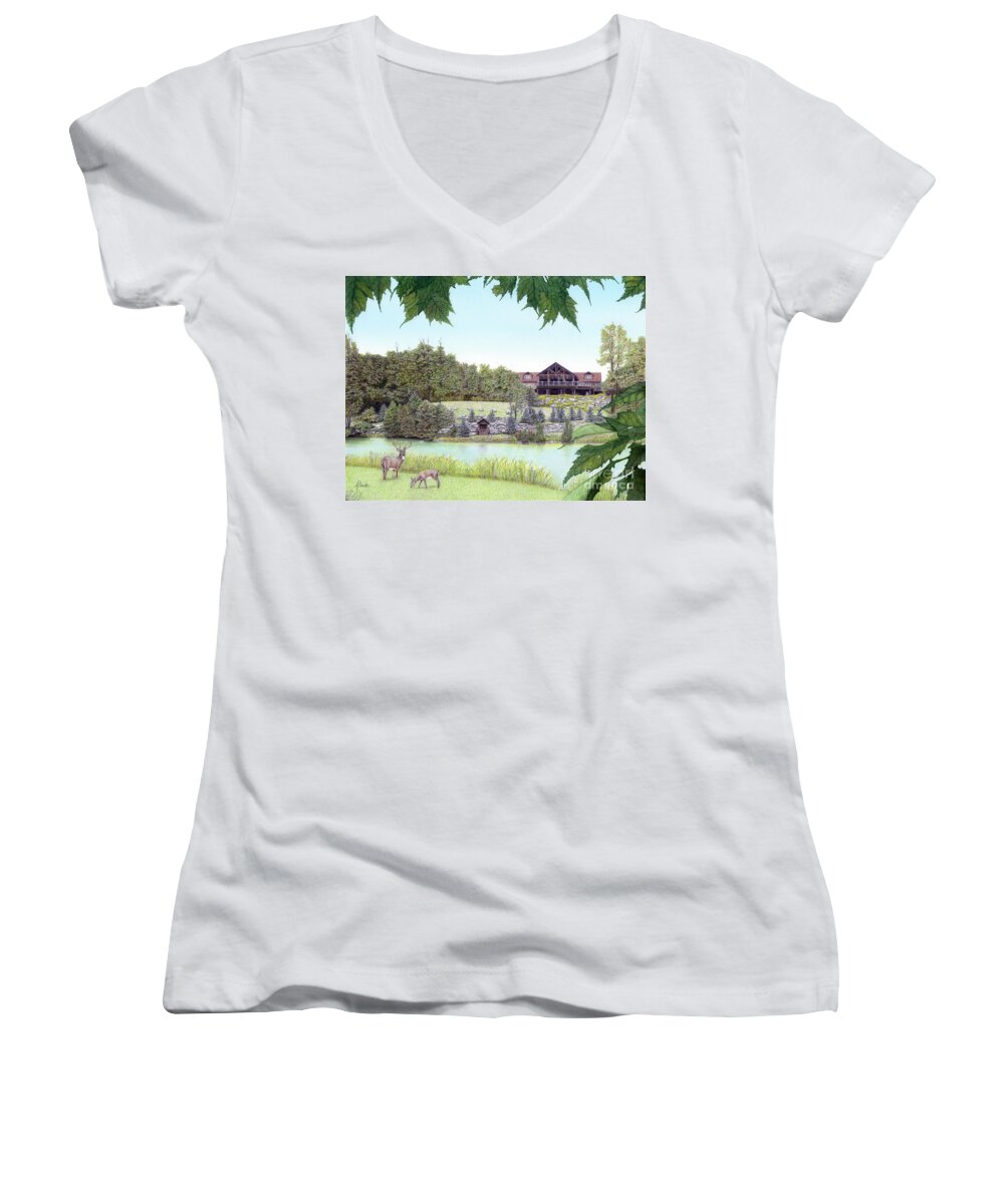 Sporting Clays Women's V-Neck featuring the painting Sporting Clays at Seven Springs Mountain Resort by Albert Puskaric