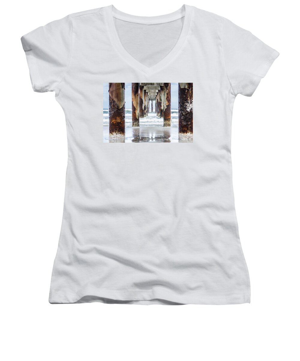 Saint Augustine Women's V-Neck featuring the photograph St Johns County Ocean Pier In Saint Augustine Florida #2 by Parker Cunningham