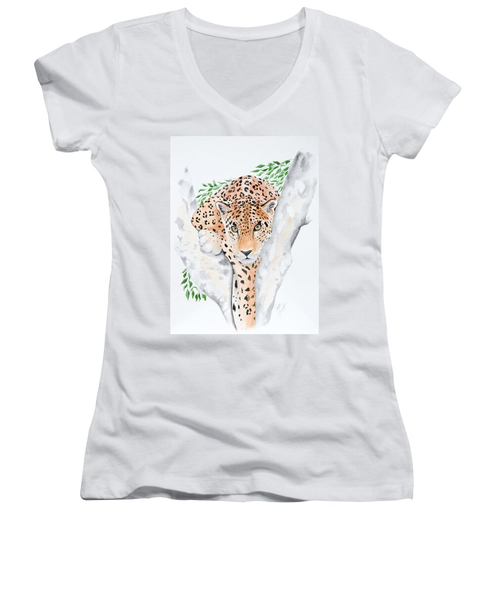 Joette Snyder Women's V-Neck featuring the painting Stalker in the Trees by Joette Snyder