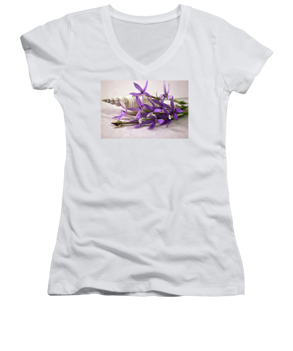 Purple Laurentia Star Flowers Women's V-Neck featuring the photograph Starshine Laurentia Flowers And White Shell by Sandra Foster