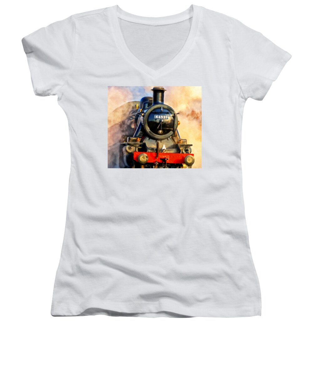Steam Train Women's V-Neck featuring the painting Steam Power by Michael Pickett