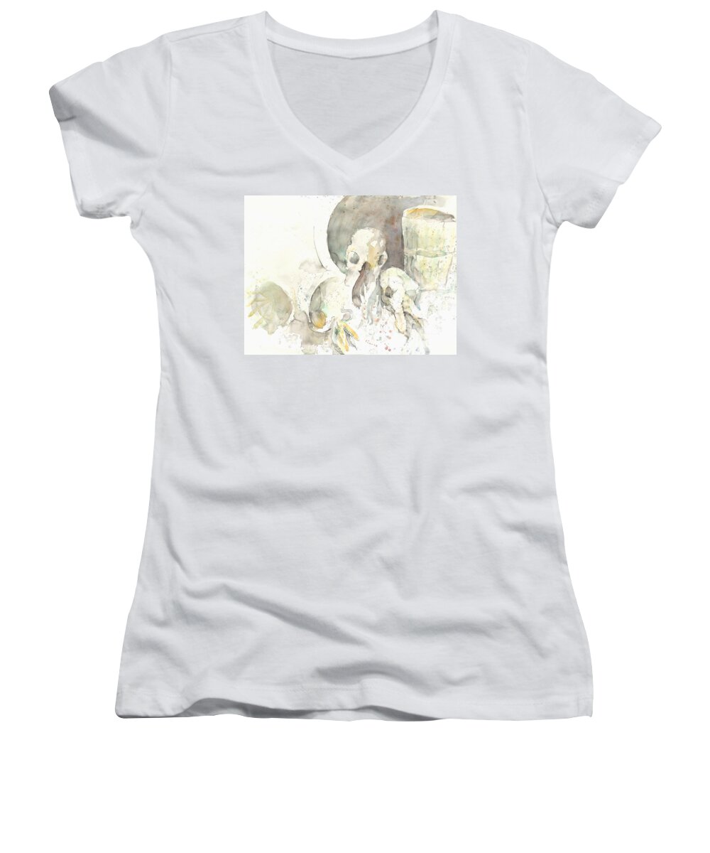 Still Life Women's V-Neck featuring the painting Still life with skulls by Melinda Dare Benfield