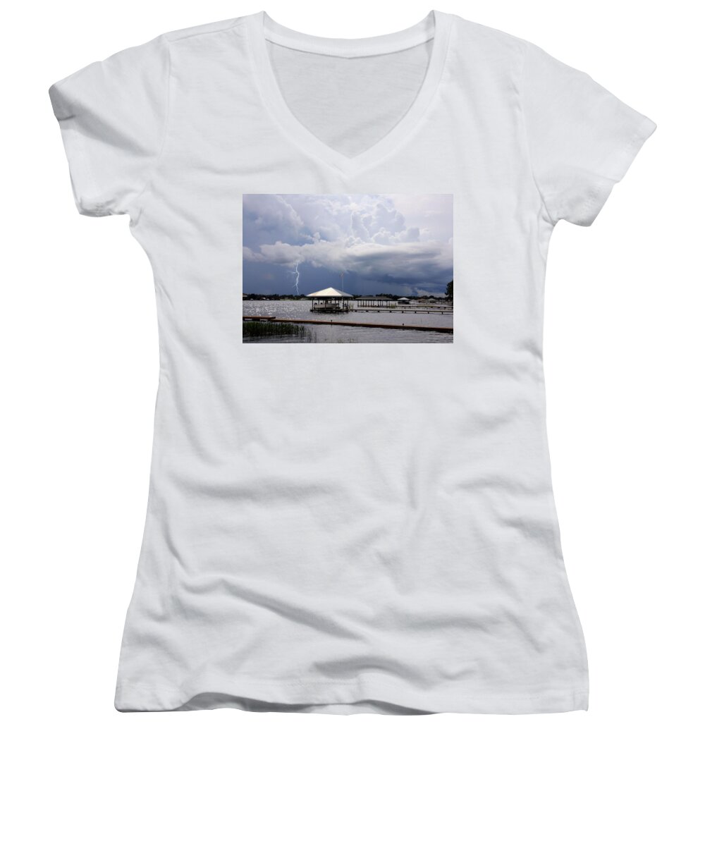 Storm Women's V-Neck featuring the photograph Storm Over Clay Lake by Rosalie Scanlon