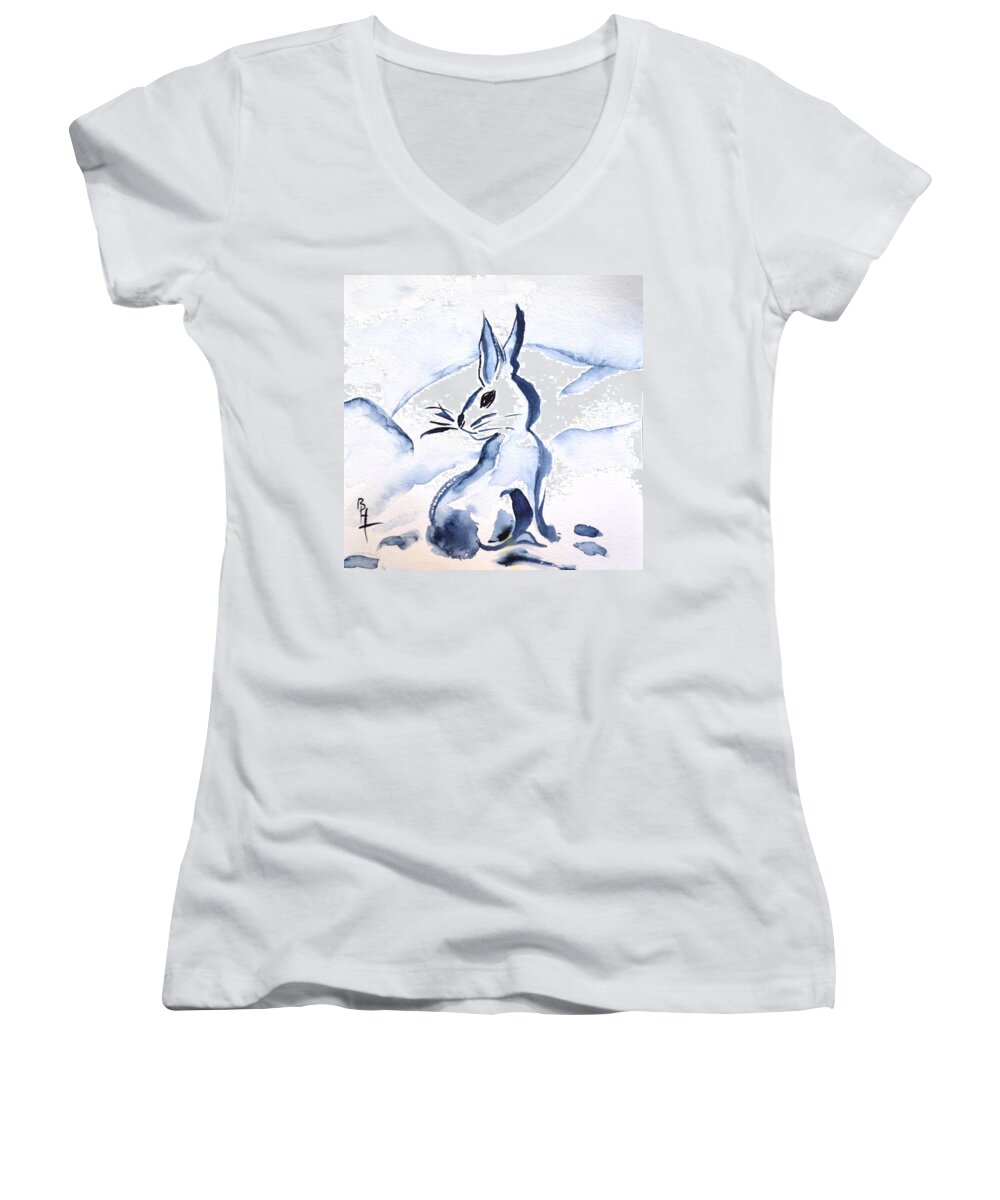Sumi-e Snow Bunny Women's V-Neck featuring the painting Sumi-e Snow Bunny by Beverley Harper Tinsley