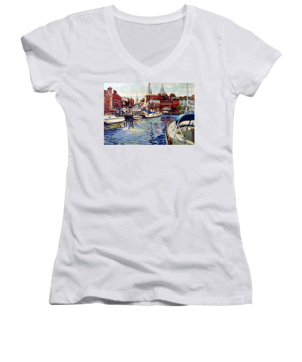 Watercolor Women's V-Neck featuring the painting Sunset on the Harbor by Mick Williams