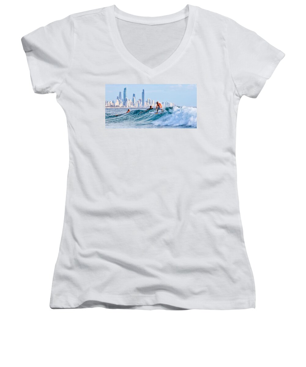 Burleigh Heads Women's V-Neck featuring the photograph Surfing Burleigh by Howard Ferrier