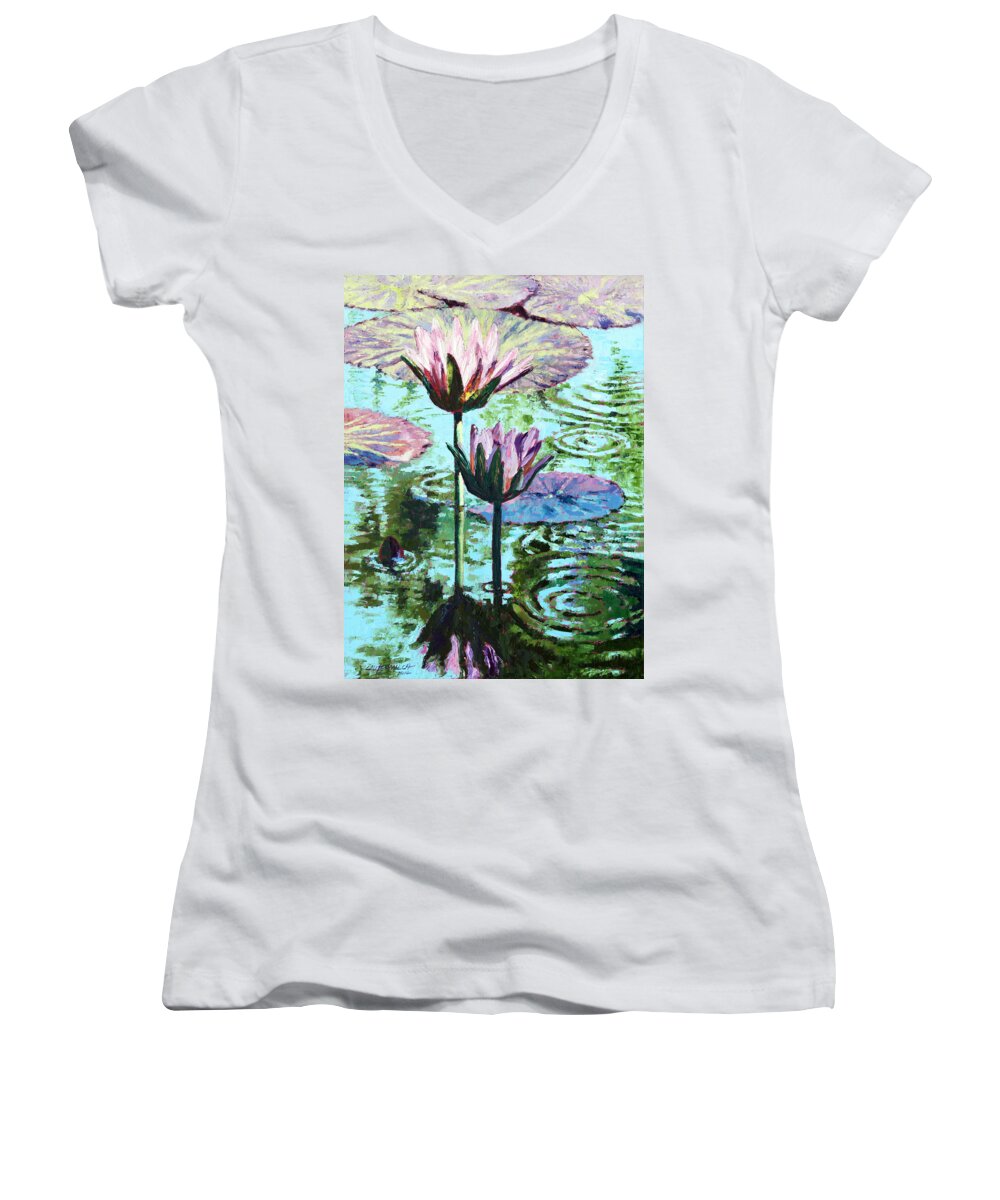 Water Lilies Women's V-Neck featuring the painting The Beauty of the Lilies by John Lautermilch