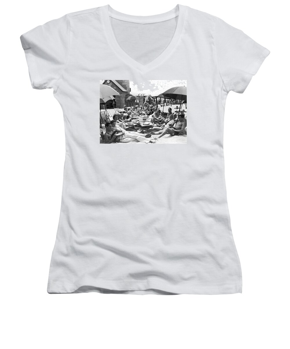 1920s Women's V-Neck featuring the photograph The Deauville Breakfast Club by Underwood Archives