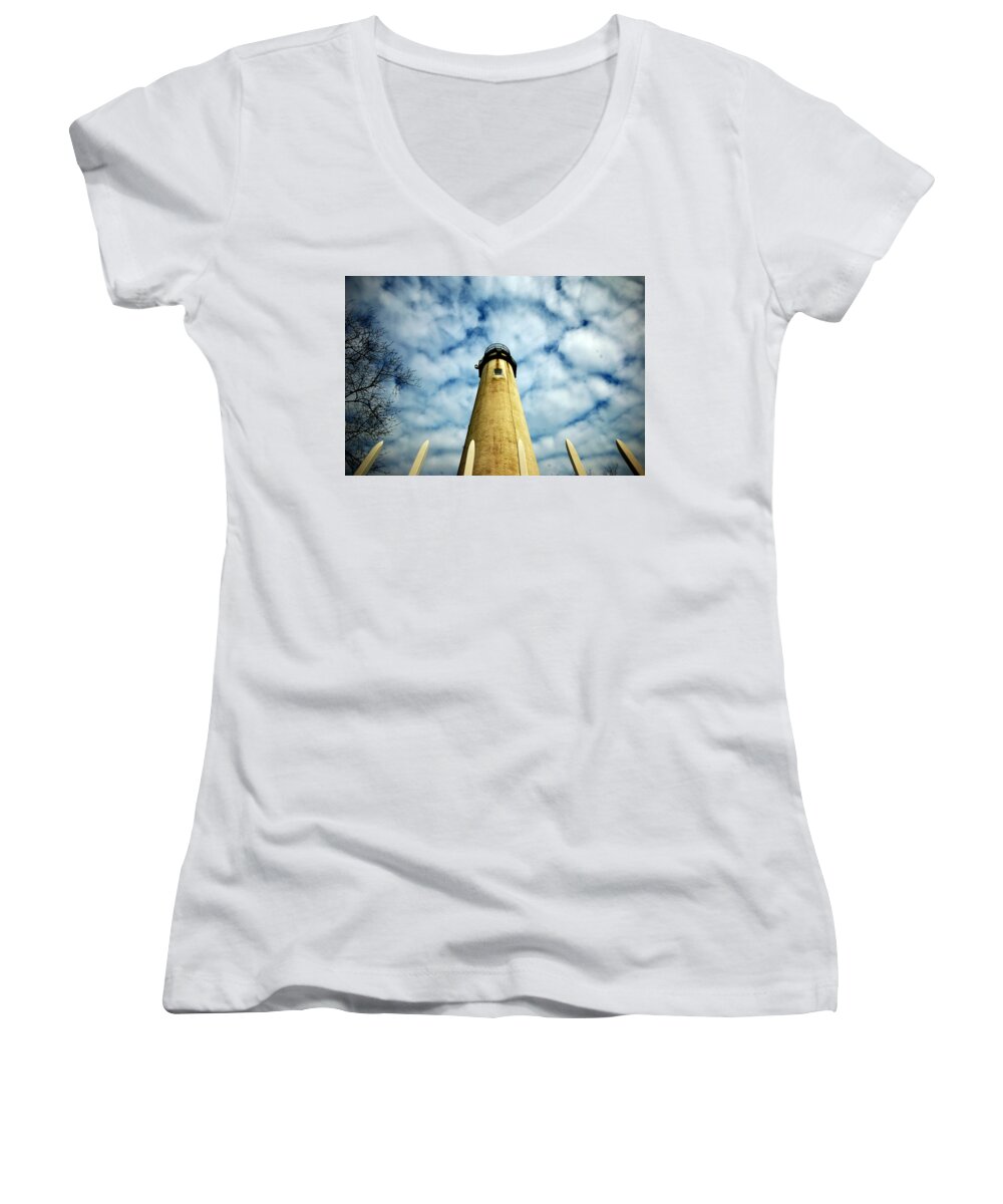 Lighthouse Women's V-Neck featuring the photograph The Fenwick Light and a Mackerel Sky by Bill Swartwout