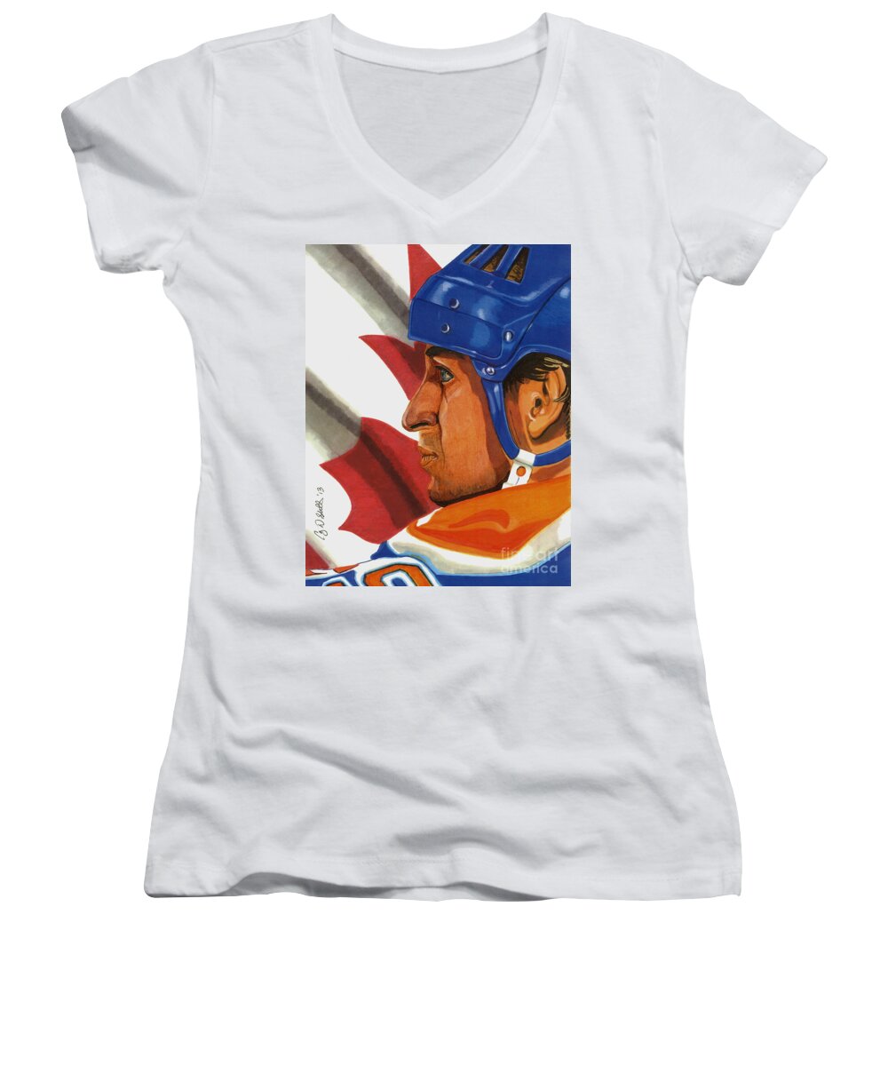 Wayne Women's V-Neck featuring the drawing The Great One by Cory Still