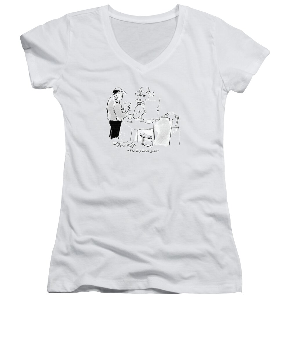 

 Cow Women's V-Neck featuring the drawing The Hay Looks Good by Mischa Richter