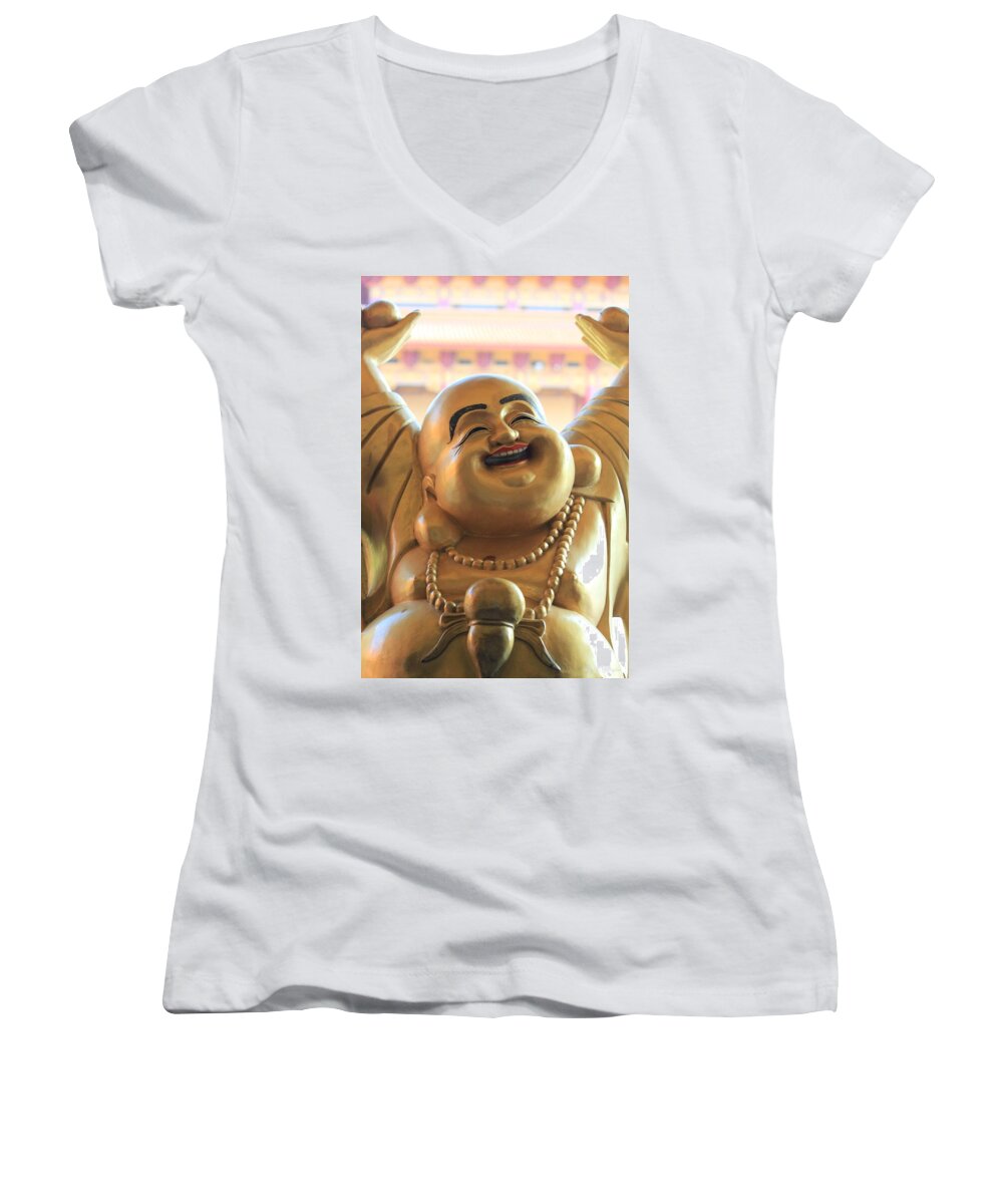 Laughing Buddha Women's V-Neck featuring the photograph The Laughing Buddha by Amy Gallagher