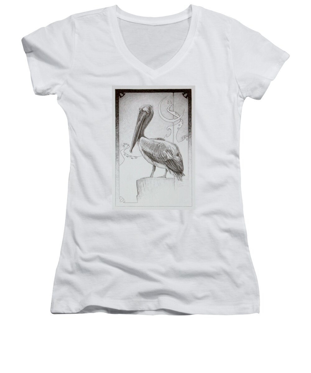 Pelican Women's V-Neck featuring the drawing The Octopus Sea by T S Carson