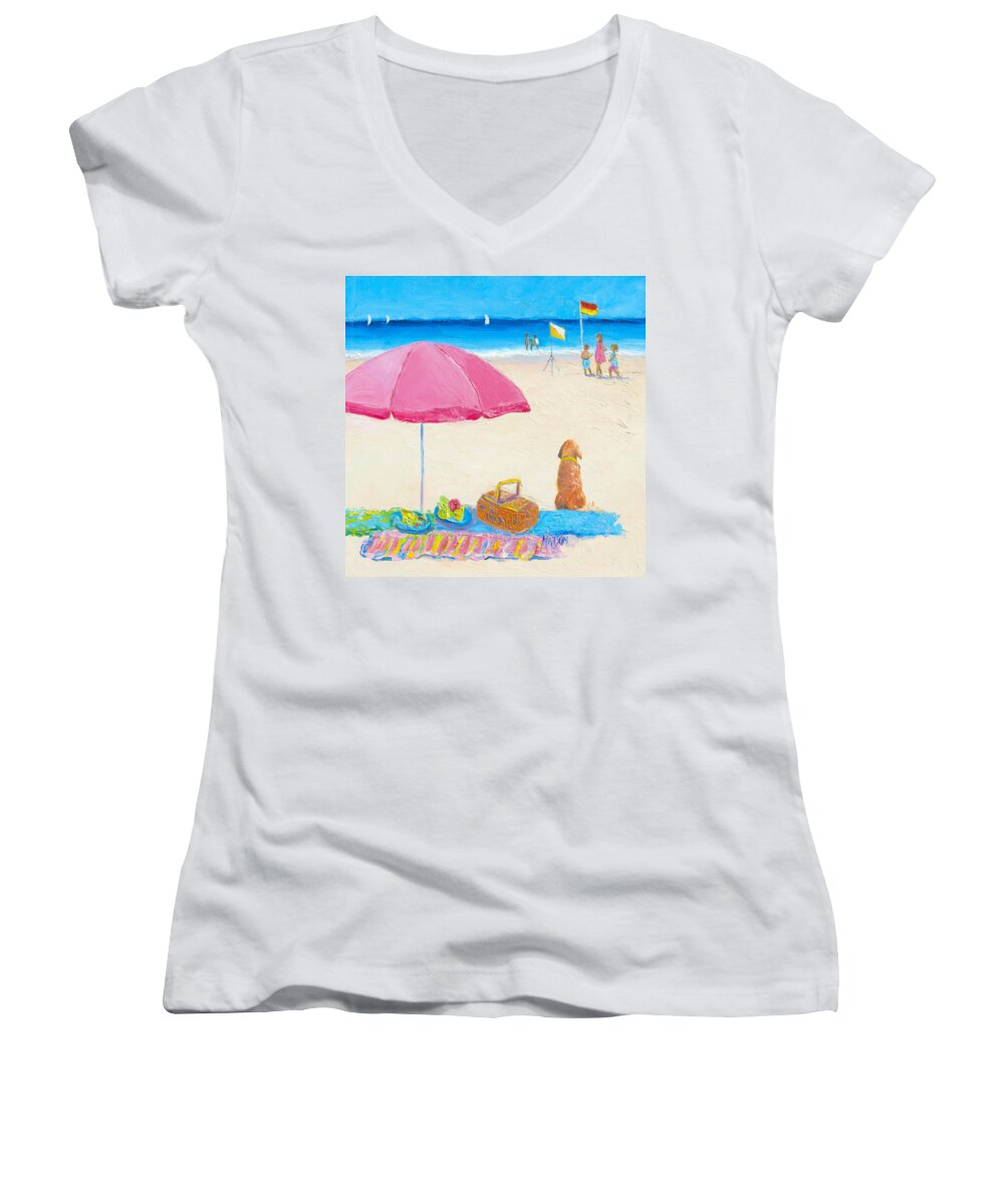 Beach Women's V-Neck featuring the painting The Picnic by Jan Matson