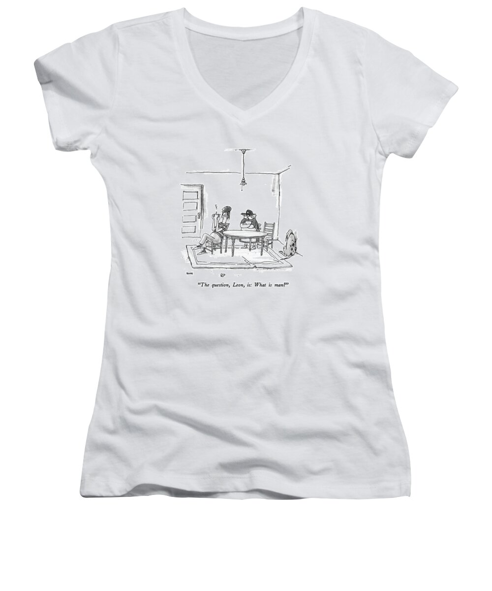 

 Woman To Man In Dingy Apartment. Philosophy Women's V-Neck featuring the drawing The Question by George Booth