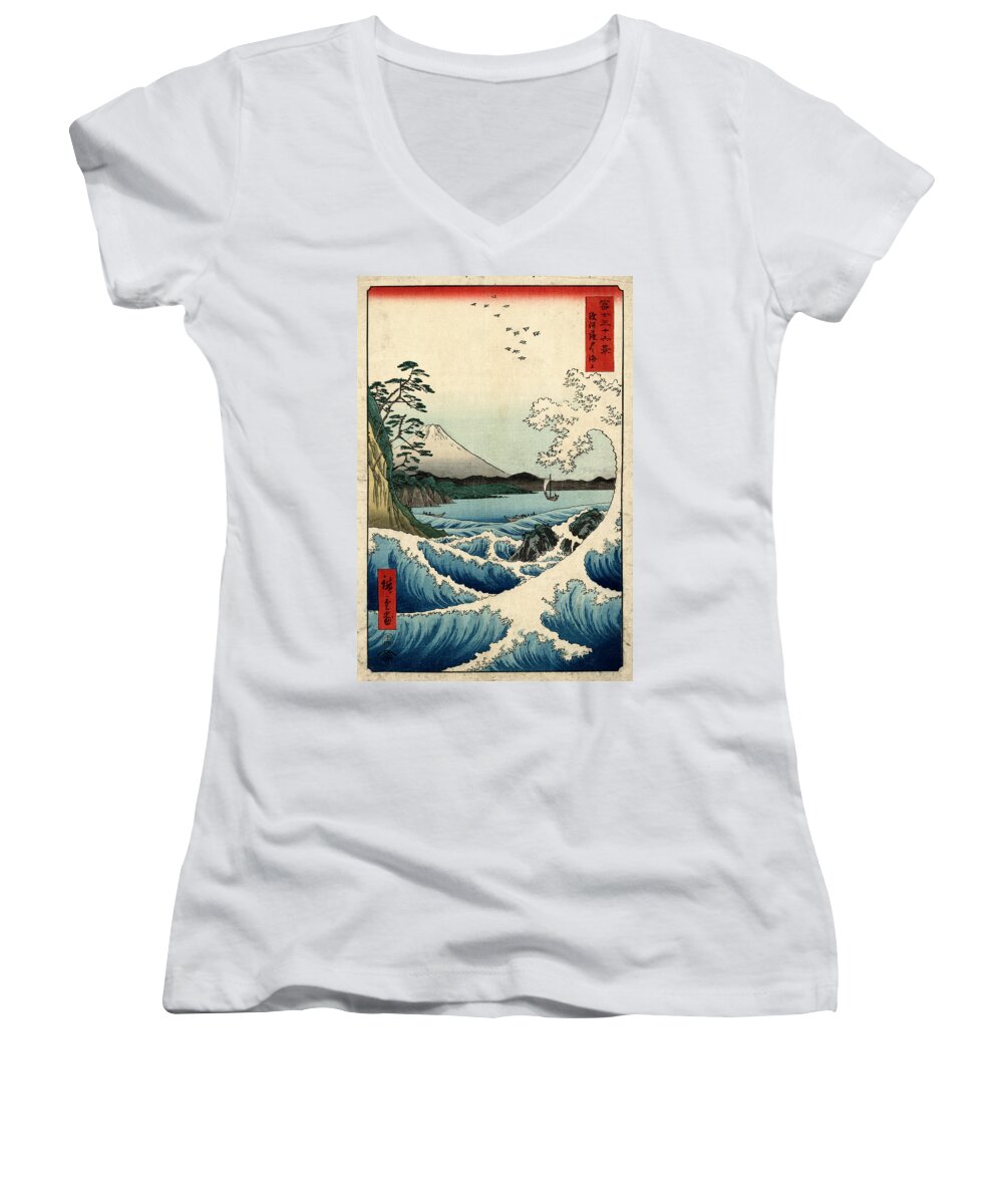 Ando Women's V-Neck featuring the digital art The sea at Satta in Suruga Province by Georgia Clare