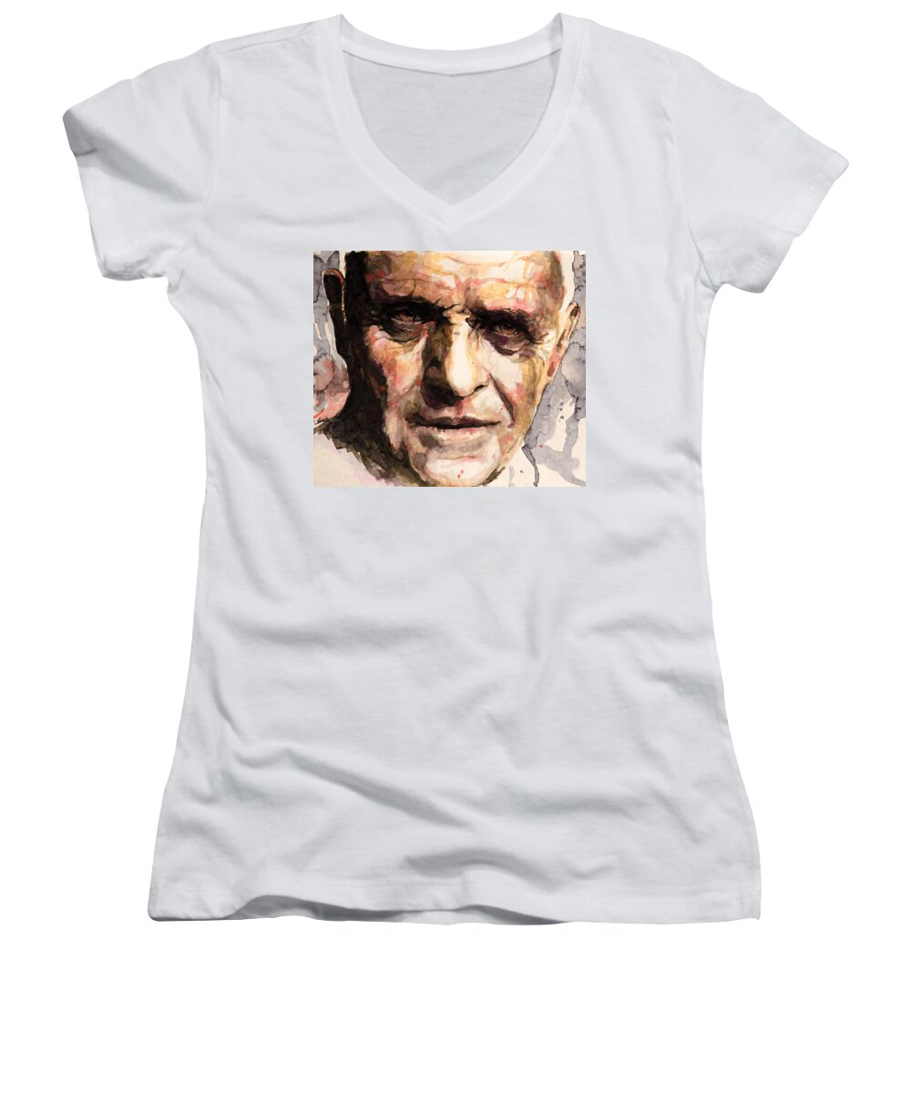 Anthony Hopkins Women's V-Neck featuring the painting The Silence of the Lambs by Laur Iduc