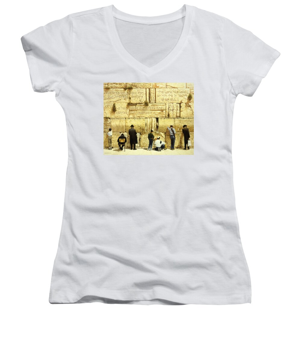 Bible Women's V-Neck featuring the painting The Western Wall Jerusalem by Graham Braddock