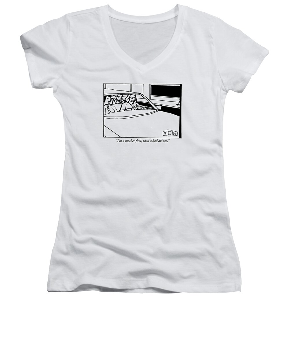 Car Women's V-Neck featuring the drawing There Is A Mother Driving A Car With A Man by Bruce Eric Kaplan