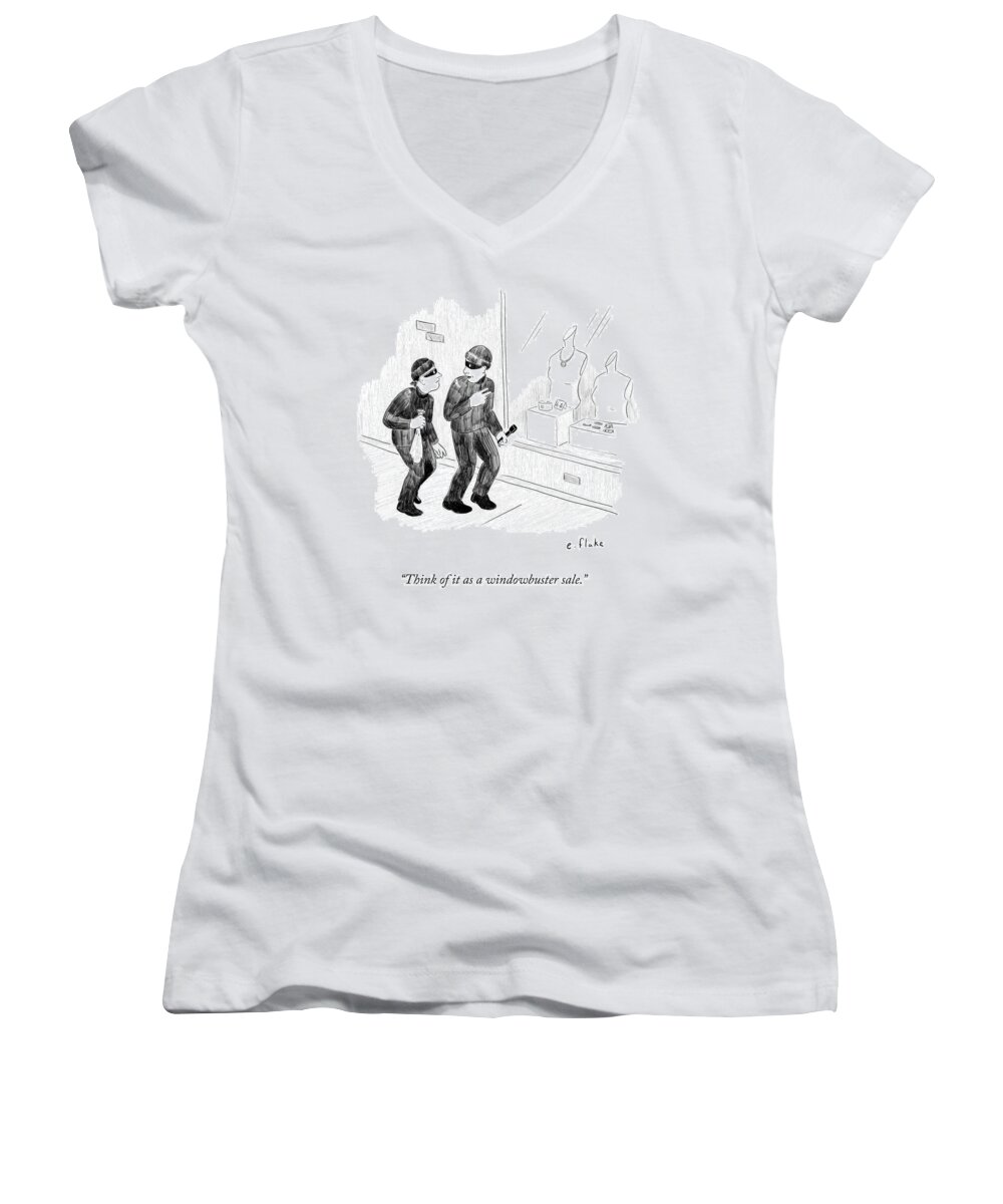 Think Of It As A Windowbuster Sale.' Women's V-Neck featuring the drawing Think Of It As A Windowbuster Sale by Emily Flake