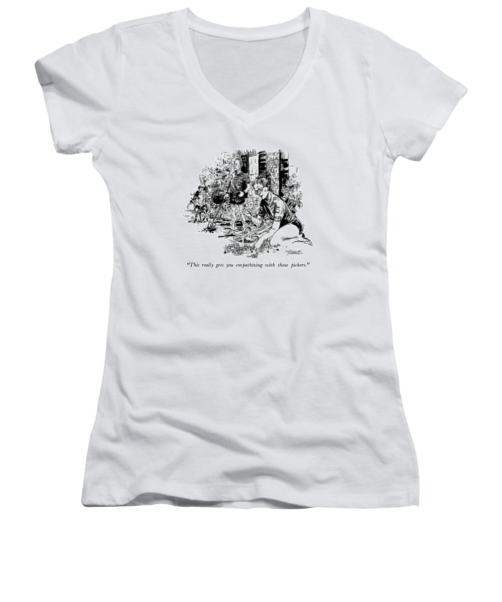 Man To Women Picking Vegetables In Garden.) Nature Women's V-Neck featuring the drawing This Really Gets You Empathizing With Those by William Hamilton