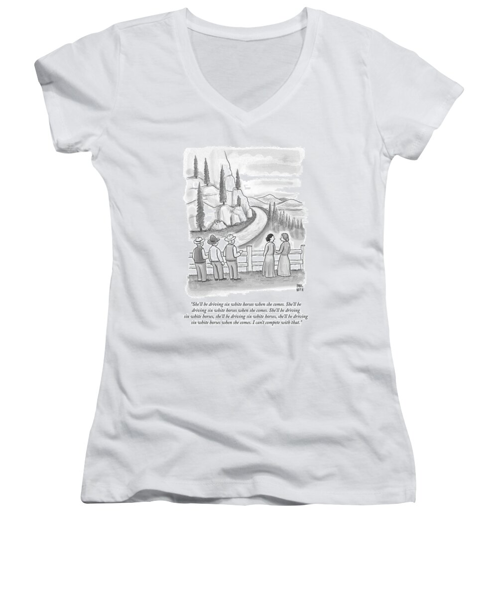 Songs Women's V-Neck featuring the drawing Three Frontiersmen And Two Women Watch A Mountain by Paul Noth