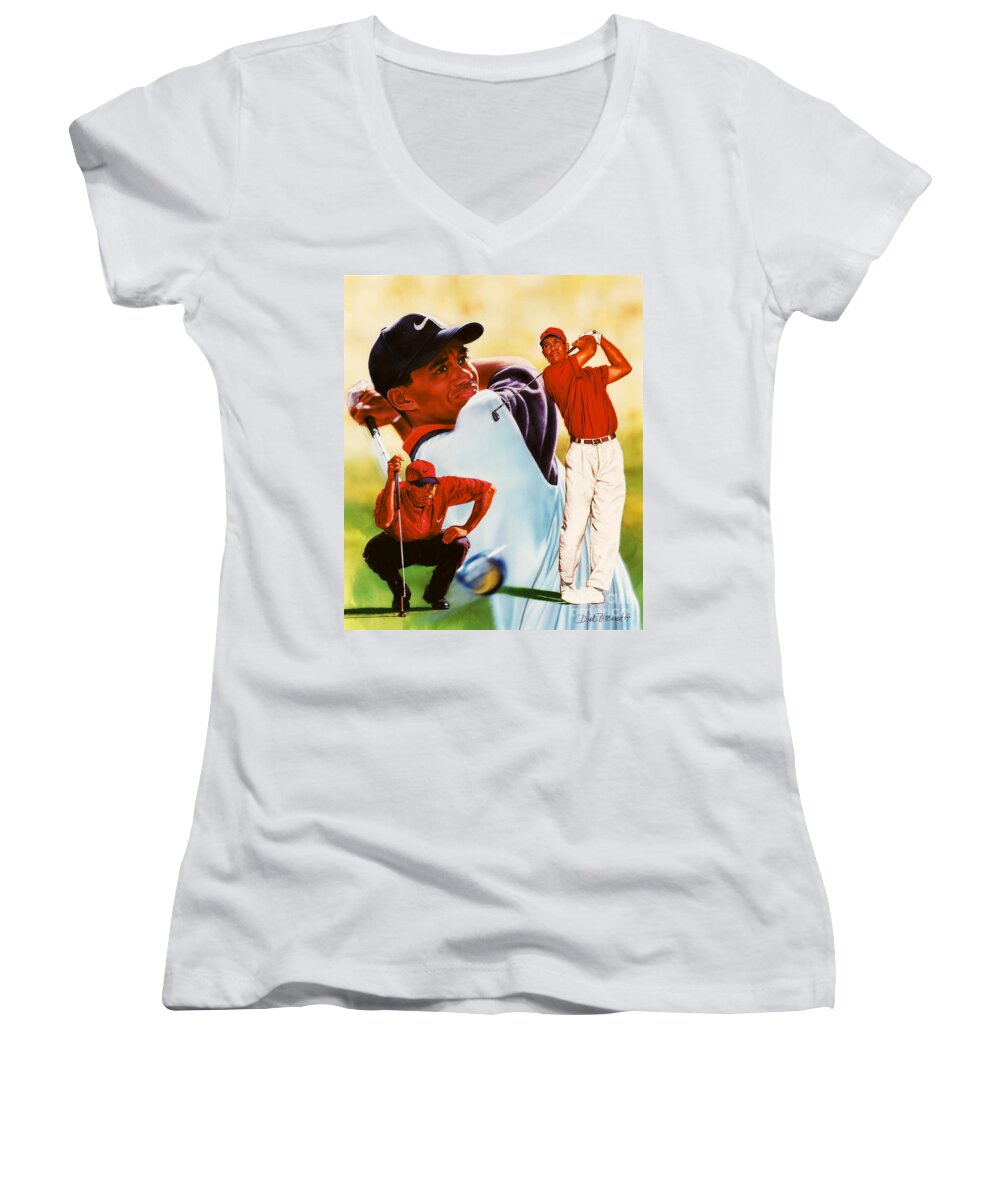 Sports Women's V-Neck featuring the painting Tiger Woods by Dick Bobnick
