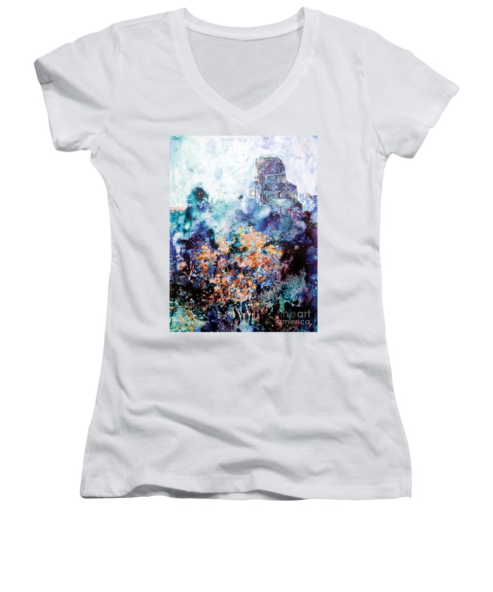 Ruins Women's V-Neck featuring the painting Tikal Ruins by Ryan Fox