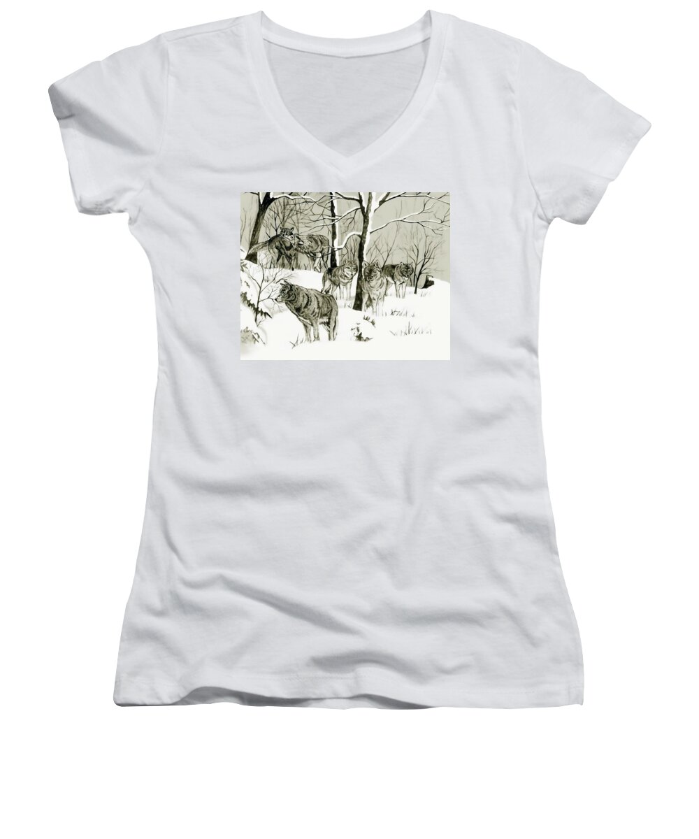 Landscape Women's V-Neck featuring the drawing Timber Wolf Pack by Anthony Seeker