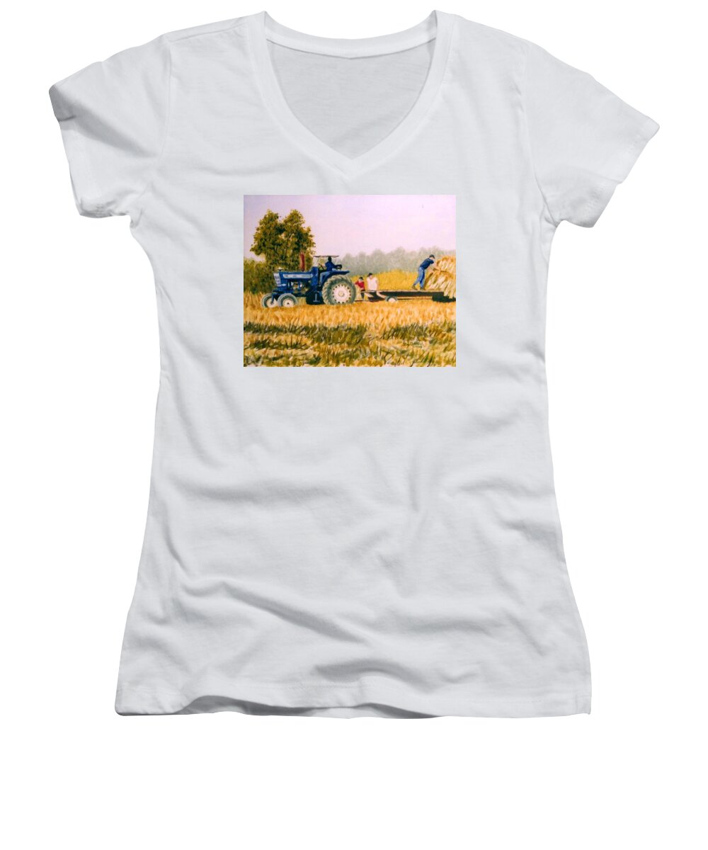 Transportation Women's V-Neck featuring the painting Tobacco farmers by Stacy C Bottoms