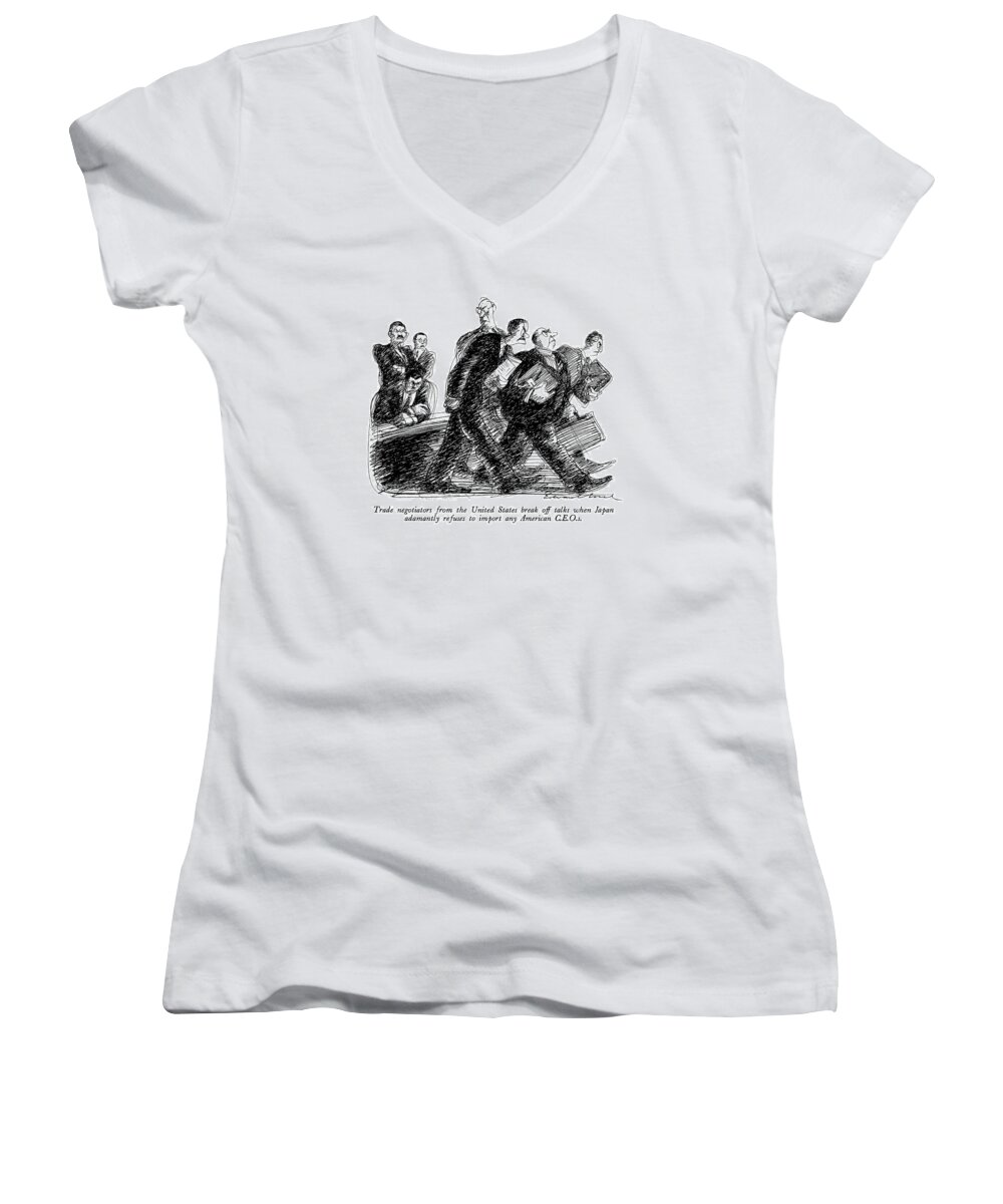 International Women's V-Neck featuring the drawing Trade Negotiators From The United States Break by Edward Sorel