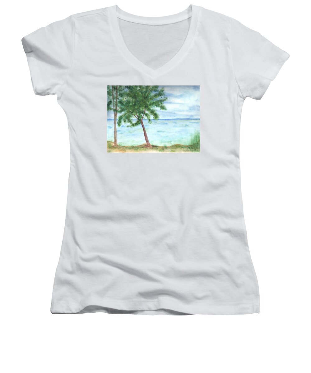 Landscape Scenery Trees Next To The Water; Seascape Women's V-Neck featuring the painting Trees Next To The Water by Myrtle Joy