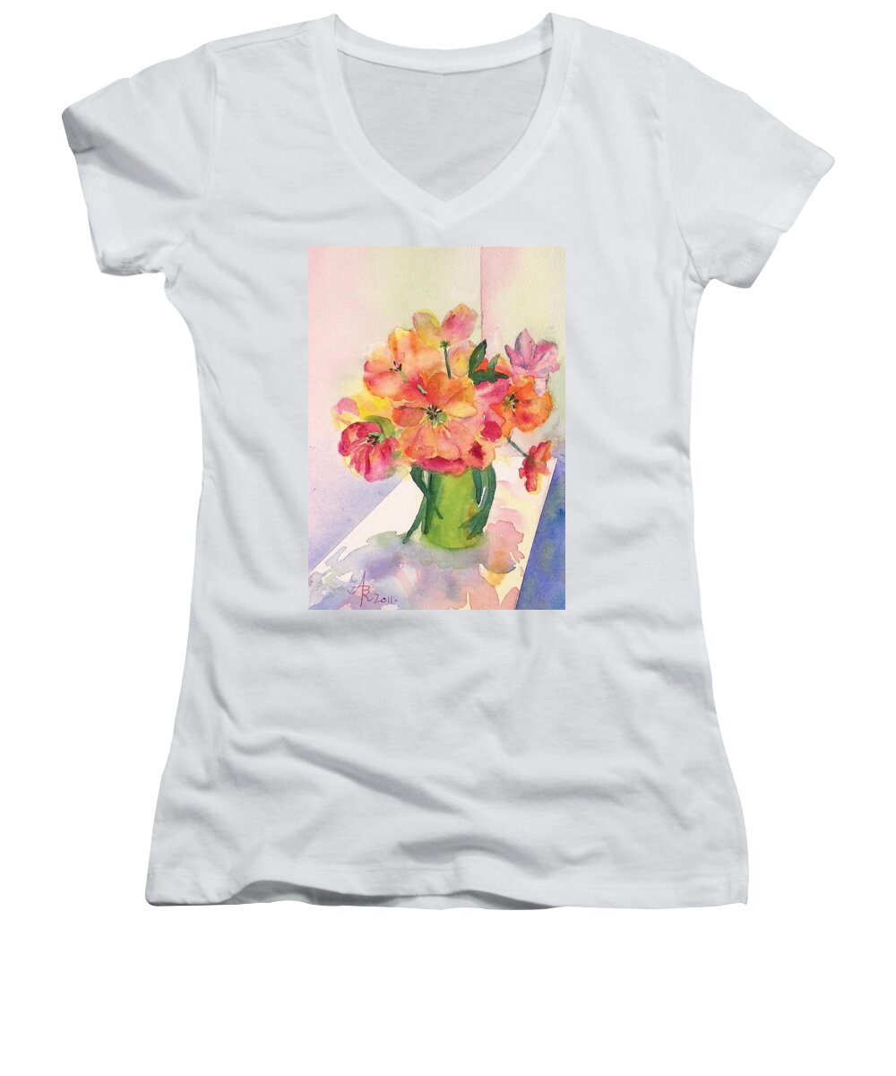 Tulip Women's V-Neck featuring the painting Tulips for Mother's Day by Anna Ruzsan