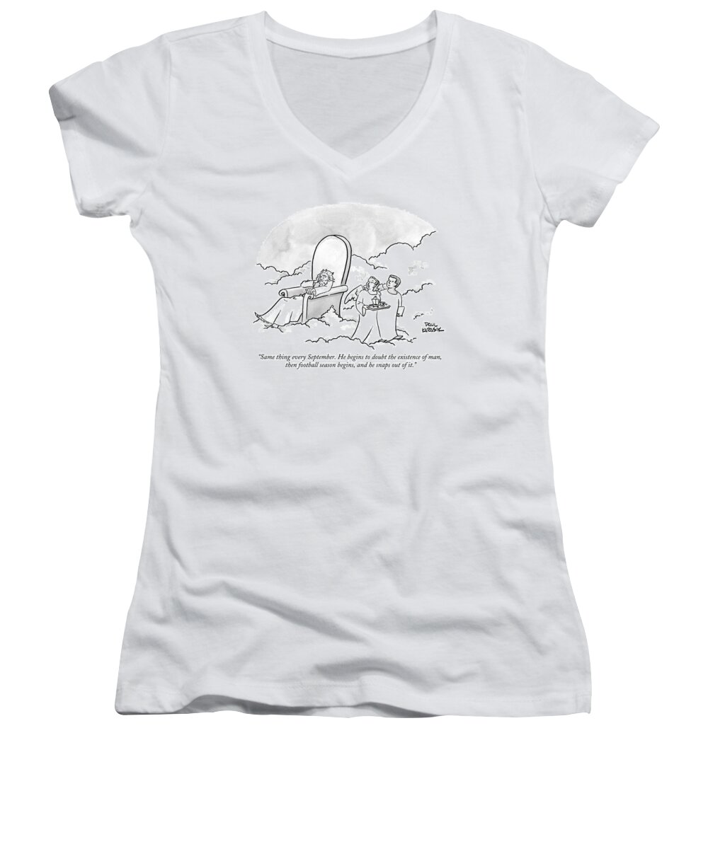 G-d Women's V-Neck featuring the drawing Two Angels Look On At God In His Throne by Paul Karasik