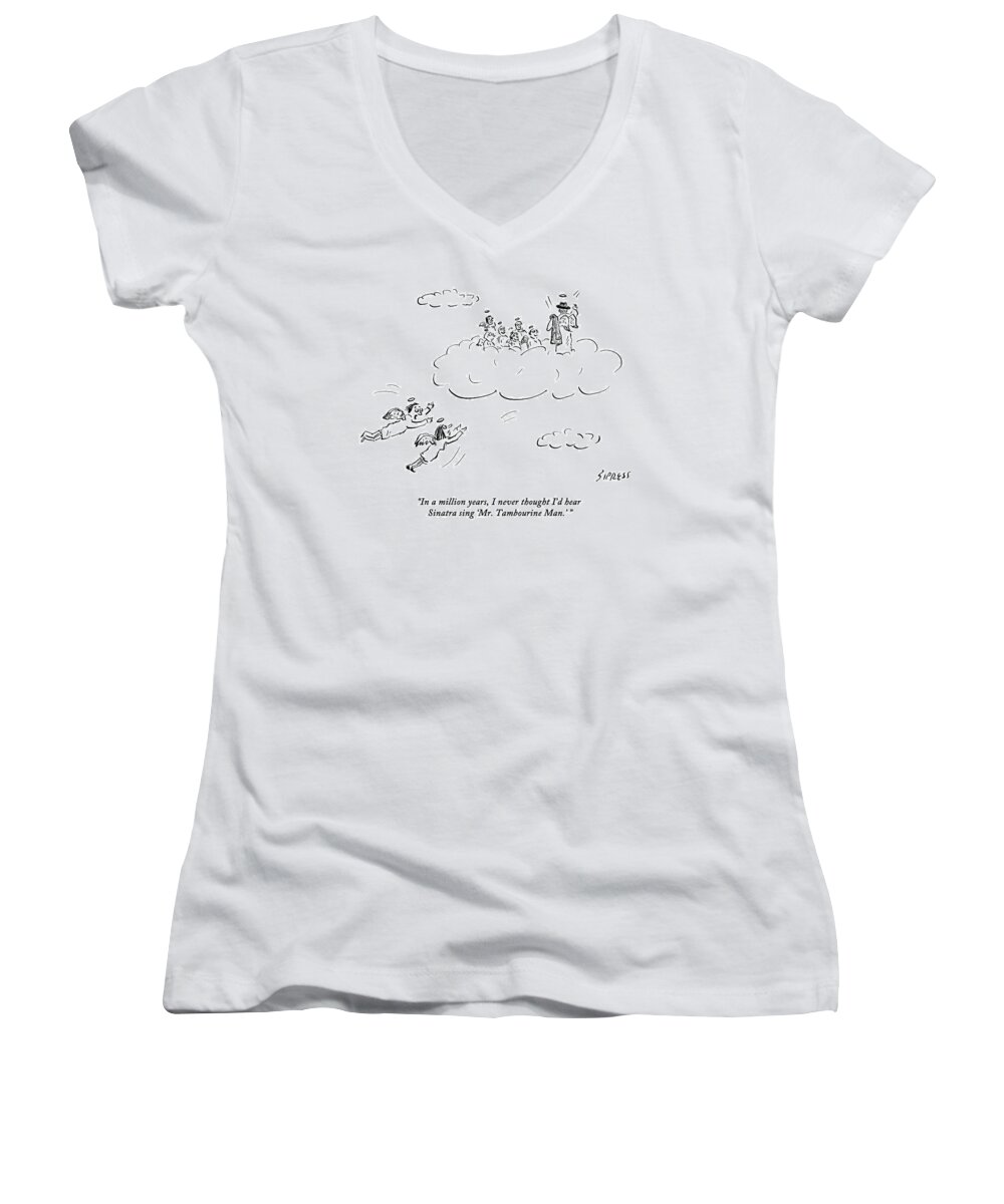 Bob Dylan Women's V-Neck featuring the drawing Two Angels Speak As They Look At Frank Sinatra by David Sipress